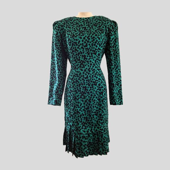 Vintage 1980s Green Black Silk Pleated Long Sleeve Polka Dot Dress - M - Picture 1 of 7